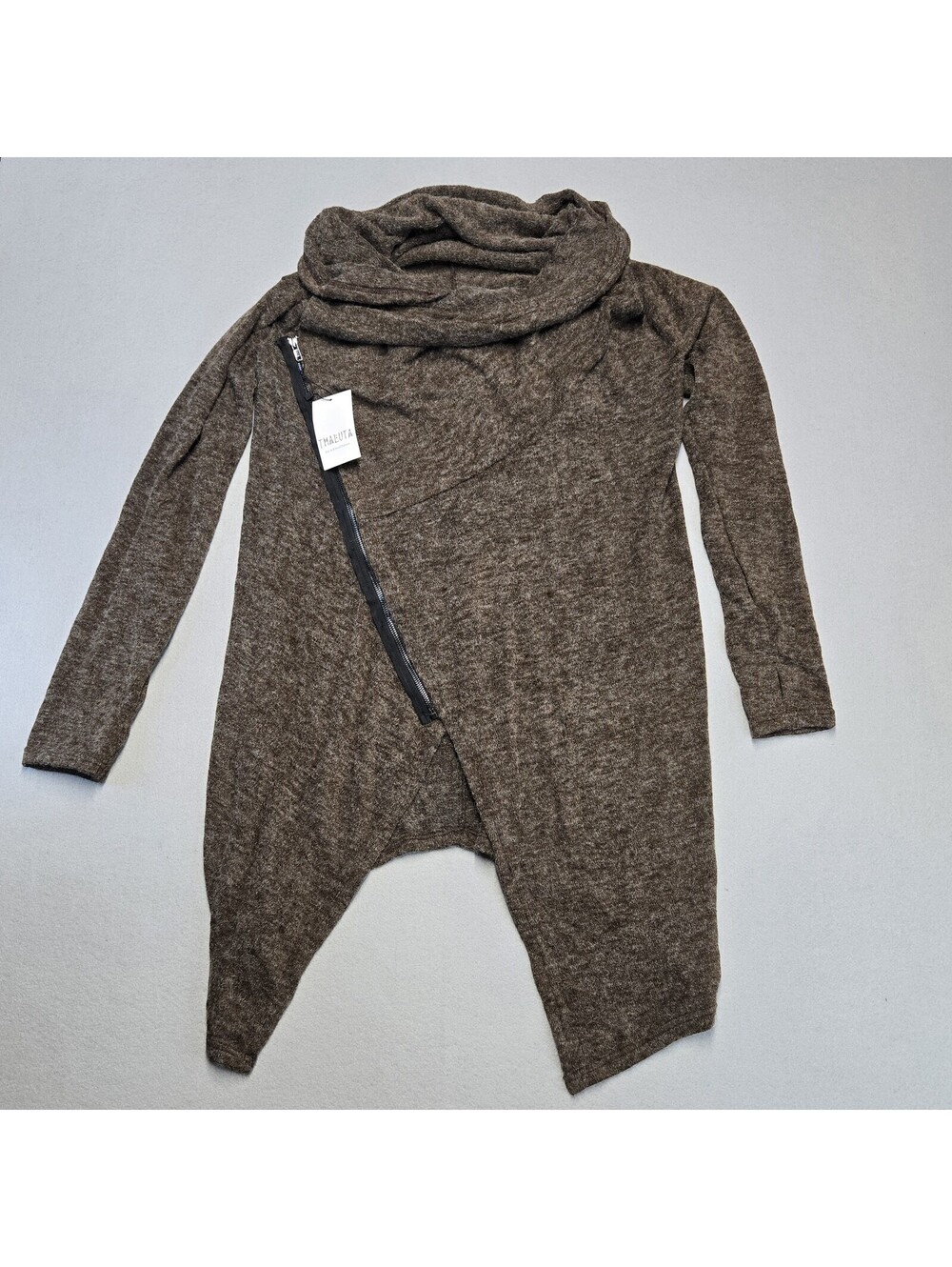 Thaluta Asymmetric Zip Wrap Cardigan Womens Mocha Acrylic Knit Cowl Collar NWT